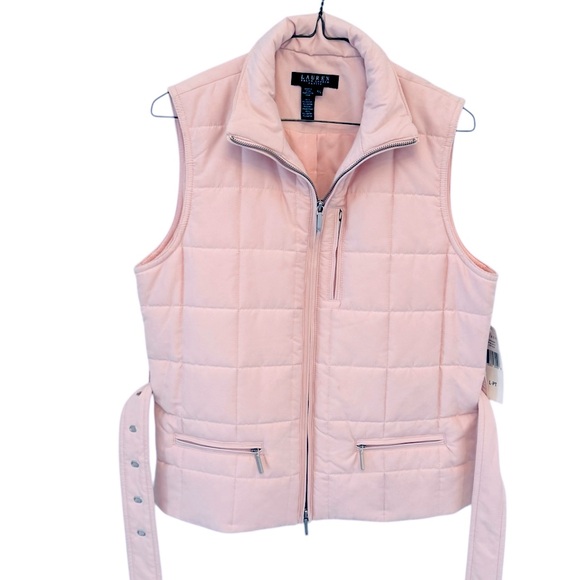 NWT Lauren Ralph Lauren soft baby pink quilted puffer vest with belt. Women’s PL - Picture 2 of 14